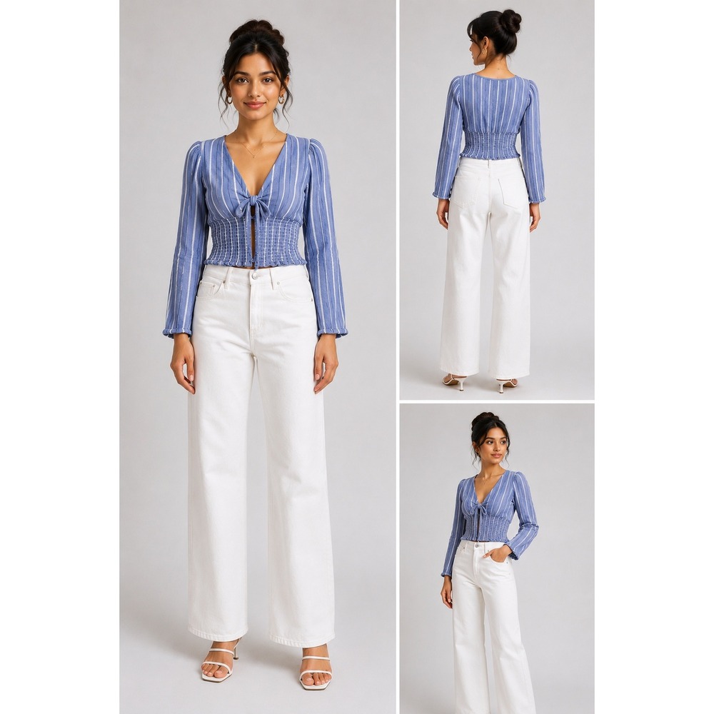 American Eagle S Blue White Stripe Tie Front Smocked Crop Top Long Sleeve V-Neck